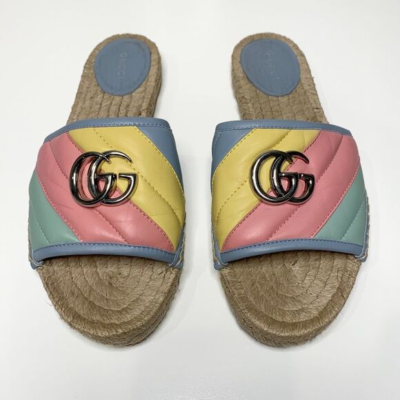 Gucci Pilar Marmont GG Espadrille Sandals EU 38 US 8 Pastel Stripe Flat Slide - Picture 2 of 11